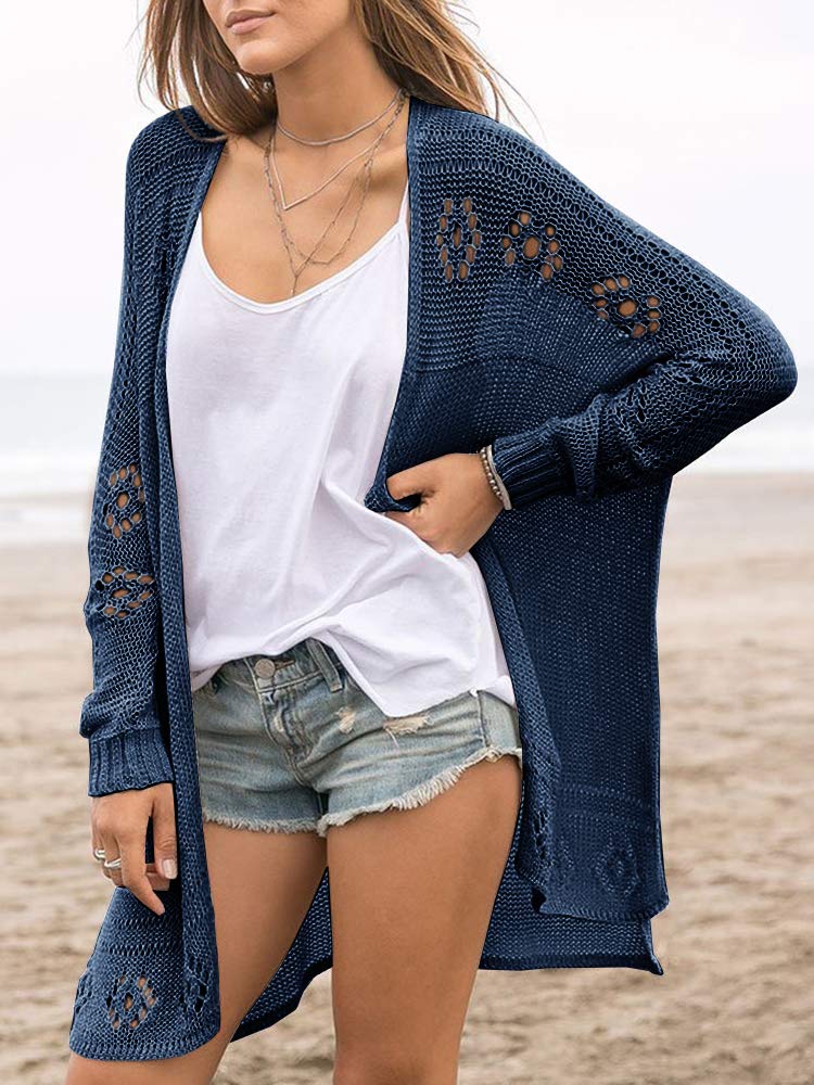 Misassy Womens Open Front Knit Sheer Cardigans Summer Boho Lightweight Long Sleeve Kimono Long Sweater Navy Blue - Image 2